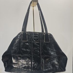 Coach Black Patent Leather Stitch Shoulder Hobo Satchel Bag Purse Tote EUC